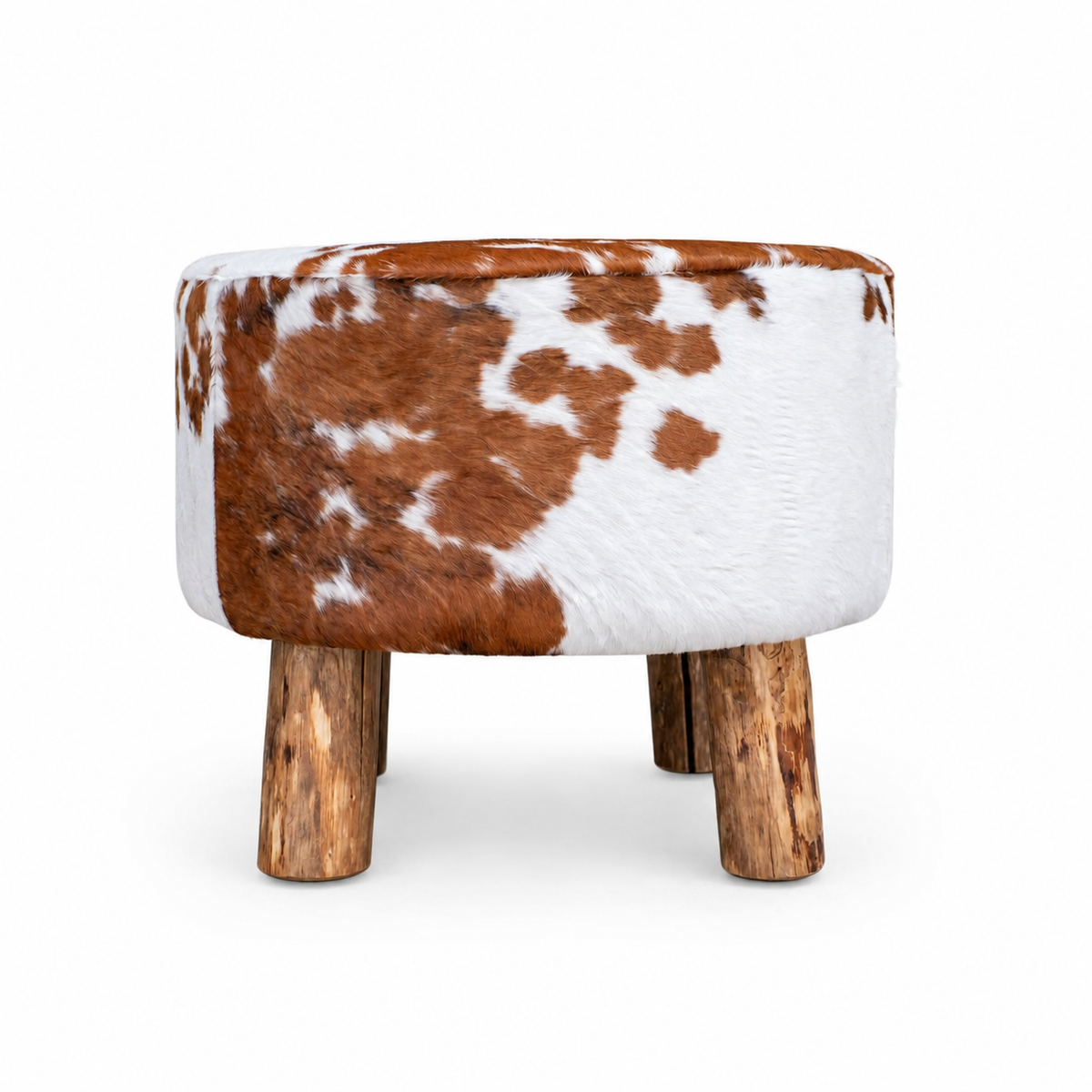 Damiano Rezzoli, Runder Kuhfell-Hocker, Weiss und Cognac